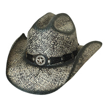 Load image into Gallery viewer, White/gray distressed straw cowboy hat with brown leather strap around base of hat with a central star on the front center