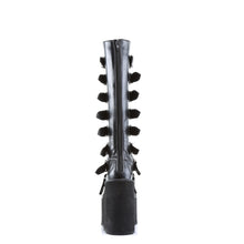 Load image into Gallery viewer, back side view of black vegan leather 5 1/2" wedge platform Goth punk gogo knee high boot Adjustable straps from top to bottom of boot, with metal plates up the front with full back zipper