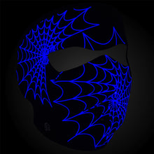 Load image into Gallery viewer, Full face riding mask with glow in the dark spider web design on front side. Can be reversed to an all black side.
