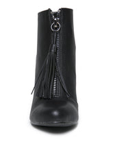 Load image into Gallery viewer, front view of Women's black vegan leather ankle boot with large wedge and front zip with black vegan leather tassel pull.