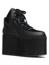 Load image into Gallery viewer, inner view of black vegan leather platform shoe with EVA platform. Shoe looks like a sneaker, but super tall! Shoe has mesh lining.