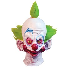 Load image into Gallery viewer, latex mask of shorty the clown from killer klowns from outer space. mask has green hair on top and sides