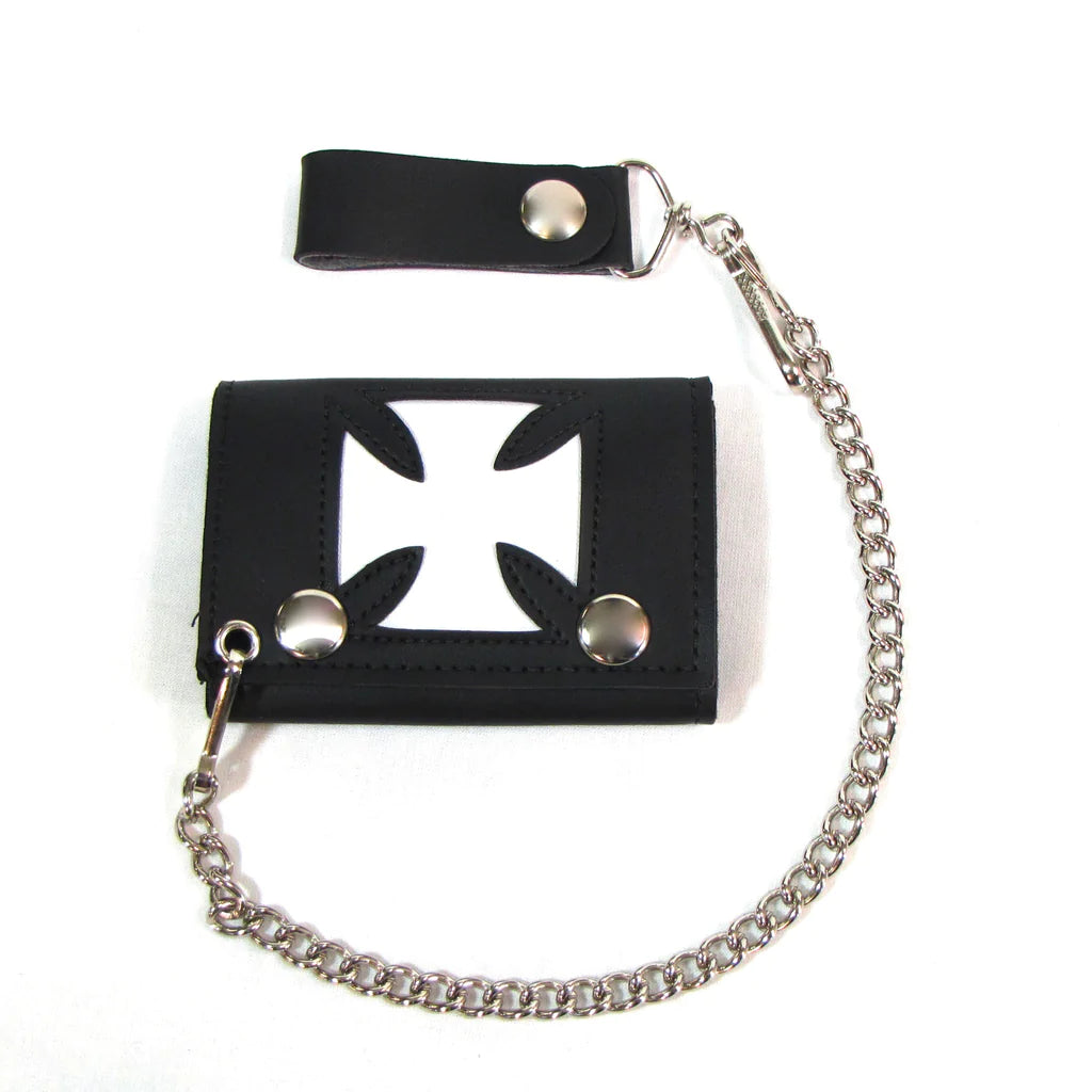 Black Leather Tri-Fold Wallet w/ Cut-Out White Iron Cross – Hot