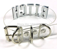 Load image into Gallery viewer, back of Clear PVC collar with silver letters on the front center spelling "BITCH". Collar has adjustable belt closure on the back.