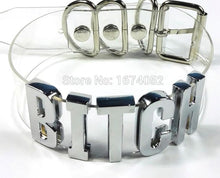 Load image into Gallery viewer, front of Clear PVC collar with silver letters on the front center spelling "BITCH". Collar has adjustable belt closure on the back.