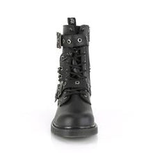 Load image into Gallery viewer, front  side view of black vegan leather unisex mid-calf combat bootg, with 1 1/4" heel, 10 eyelets, top and bottom adjustable strap, and five row hanging chain on backside