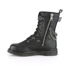 Load image into Gallery viewer, left side view of black vegan leather unisex mid-calf combat bootg, with 1 1/4" heel, 10 eyelets, top and bottom adjustable strap, and five row hanging chain on backside with full left side zip