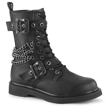 Load image into Gallery viewer, right side view of black vegan leather unisex mid-calf combat bootg, with 1 1/4" heel, 10 eyelets, top and bottom adjustable strap, and five row hanging chain on backside