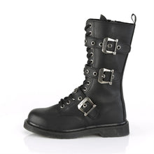 Load image into Gallery viewer, left side view of black vegan leather unisex mid calf combat boot with 1 1/4" heel, 14 eyelets and 3 adjustable buckle straps