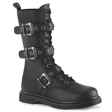 Load image into Gallery viewer, right side view of black vegan leather unisex mid calf combat boot with 1 1/4" heel, 14 eyelets and 3 adjustable buckle straps