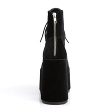 Load image into Gallery viewer, back side view of black velvet super chunky 5 inch heel 3 inch platform 7 eyelet lace-up front with full back zipper