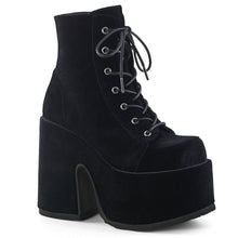 Load image into Gallery viewer, right side view of black velvet super chunky 5 inch heel 3 inch platform 7 eyelet lace-up front with full back zipper