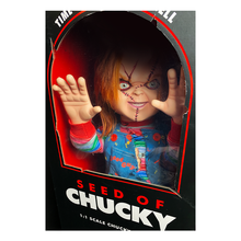 Load image into Gallery viewer, Doll is clothed with good guy overalls, long sleeve shirt and red sneakers. Doll has two black eyes and scars/stitches along face