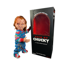 Load image into Gallery viewer, Doll is clothed with good guy overalls, long sleeve shirt and red sneakers. Doll has two black eyes and scars/stitches along face