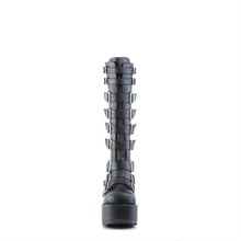 Load image into Gallery viewer, front side view of black vegan leather 4 1/4" platform knee high gogo boot with 9 adjustable straps up and down the boot