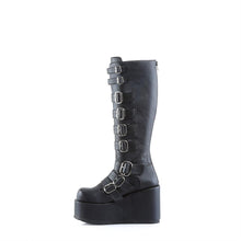 Load image into Gallery viewer, left side view of black vegan leather 4 1/4" platform knee high gogo boot with 9 adjustable straps up and down the boot
