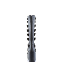 Load image into Gallery viewer, black vegan leather 4 1/4" platform knee high gogo boot with 9 adjustable straps up and down the boot. backside has full zipper
