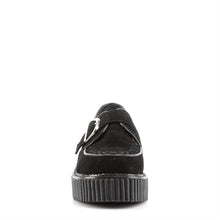 Load image into Gallery viewer, front side view of black vegan leather suede 2" platform creeper sneaker shoe with adjustable strap across foot