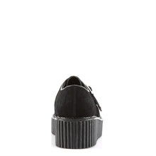 Load image into Gallery viewer, back side view of black vegan leather suede 2" platform creeper sneaker shoe with adjustable strap across foot