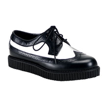 Load image into Gallery viewer, right side view of real leather 1" platform Rockabilly Punk Oxford Creeper with Black upper, white center, and black bottom to create a tuxedo look