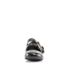 Load image into Gallery viewer, front side view of black vegan leather Ballet Flat Double Strap Mary Jane with Skull Buckle Eyelet Detailing on two adjustable straps that go over the top of the foot