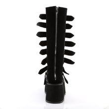 Load image into Gallery viewer, back side view of black vegan velvet suede 3.5" platform knee high boot Features 8 buckle straps w/ metal plates at center and back metal zip closure