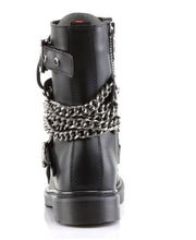 Load image into Gallery viewer, back side view of black vegan leather 1" heel 10 eyelet goth punk military combat boot with buckles and chains with full inner side zipper