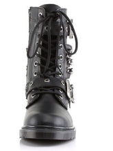 Load image into Gallery viewer, front side view of black vegan leather 1" heel 10 eyelet goth punk military combat boot with buckles and chains with full inner side zipper