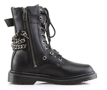 Load image into Gallery viewer, inside view of black vegan leather 1" heel 10 eyelet goth punk military combat boot with buckles and chains with full inner side zipper