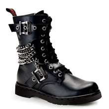 Load image into Gallery viewer, right side view of black vegan leather 1" heel 10 eyelet goth punk military combat boot with buckles and chains with full inner side zipper