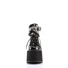 Load image into Gallery viewer, front view of black vinyl 5.5" wedge platform Mary Jane style Lace-up front Wrap around style studded adjustable strap around ankle