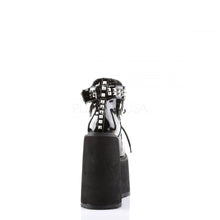 Load image into Gallery viewer, back view of black vinyl 5.5" wedge platform Mary Jane style Lace-up front Wrap around style studded adjustable strap around ankle