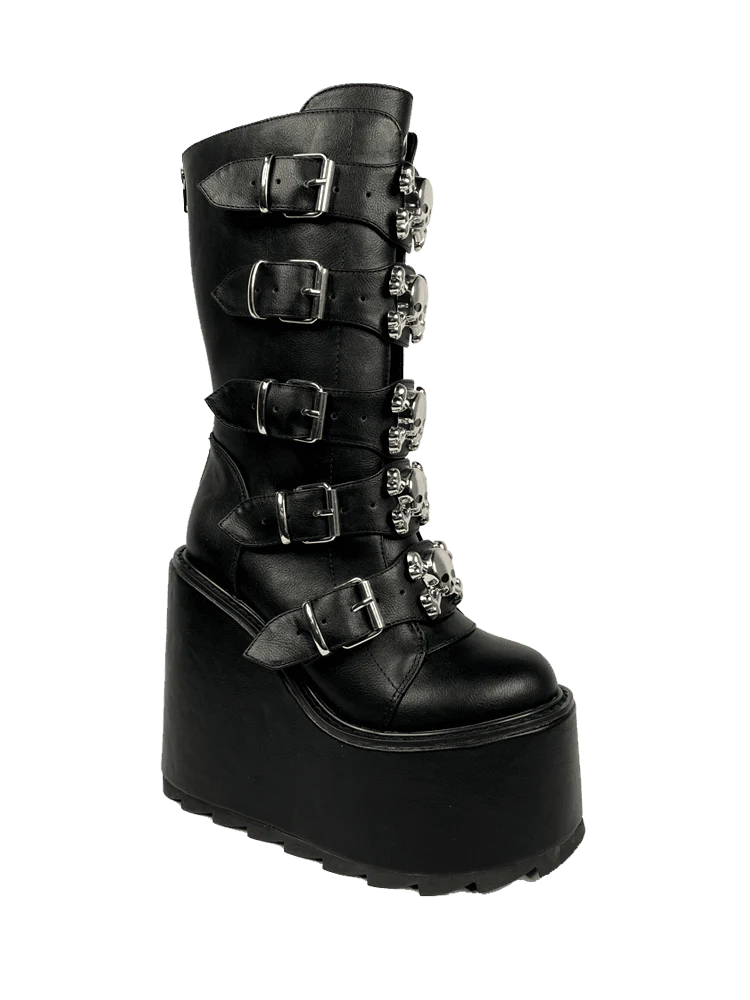 Dune Skull Black Vegan Leather Mid Calf Skull Crossbones 6 Platform Boot