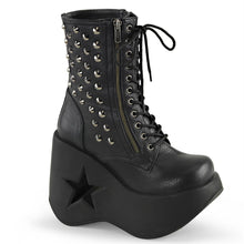 Load image into Gallery viewer, right side view of black vegan leather 5" Star cut-out wedge platform with lace-up front ankle boot Features exposed ornamental zipper and studs at outer side with Inside zip closure