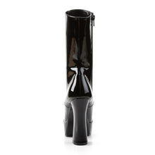 Load image into Gallery viewer, back side view of black vinyl 5" stack heel with 1 1/2" platform Lace-up front ankle boot with full inner side zipper