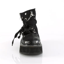 Load image into Gallery viewer, front view of Black vegan leather 2" Platform Buckle strap ankle bootie Features outside cutout W/ strap, chain, stud and lace detailing with buckle & snap closure