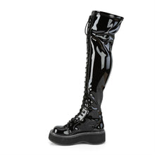 Load image into Gallery viewer, inner view of black patent vinyl 2" platform Straight thigh-high lace-up boot with outer metal zipper