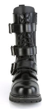Load image into Gallery viewer, front view of Real black leather, 12 Eyelet, steel toe lace-up triple buckle ankle boot with rubber sole and full length inside zip closure.