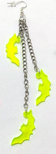 Load image into Gallery viewer, Three silver zinc alloy chains hanging from hook stud. Chains hang at different lengths with an acrylic green see-through bat hanging from each chain.
