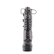 Load image into Gallery viewer, front side view of Black vegan leather with red stitching, 3 3/4" Heel 1" Platform Lace up front platform mid-calf boot with straps and full inner side zipper