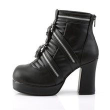 Load image into Gallery viewer, Inner side view of Black vegan leather with 3 3/4" block heel and 1" platform ankle boot Features triple zippered straps and two buckled straps at center, full back zip closure