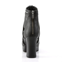 Load image into Gallery viewer, back side view of Black vegan leather with 3 3/4" block heel and 1" platform ankle boot Features triple zippered straps and two buckled straps at center, full back zip closure