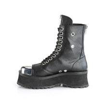 Load image into Gallery viewer, inner side view of black vegan leather 2 3/4" platform Lace-up ankle boot Features matte black metal toe cap & zipper details with back zip closure