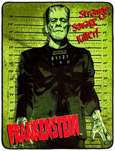 Load image into Gallery viewer, Micro plush fleece throw blanket features the iconic Frankenstein in a mug shot with green background; mirror image on back. Durable stitched-finished edge.