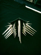 Load image into Gallery viewer, triangular shaped black leather gauntlet bracelet with multiple rows of two inch silver needle spikes