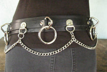 Load image into Gallery viewer, mannequin displaying black leather belt with five silver hanging bondage o rings and silver hanging chain