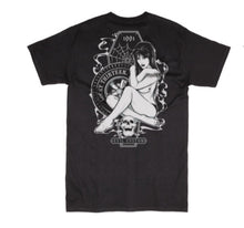Load image into Gallery viewer, back of Black Lucky 13 t-shirt with a full back print of our beautiful "Miss Trust" pin-up ghoul and a front left chest pocket print to match.
