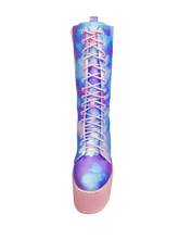 Load image into Gallery viewer, front view of Printed blue, purple, pink pastel upper, pink molded outsole, pink enamel eyelets and pink round lace boot. Boot has full lace-up front and full inner side zip.