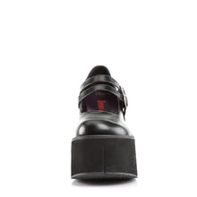Load image into Gallery viewer, front side view of black vegan leather 4.5" platform Mary jane style with double adjustable straps across top