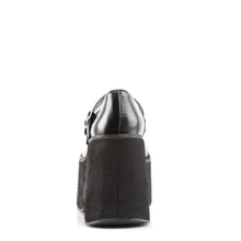 Load image into Gallery viewer, back side view of black vegan leather 4.5" platform Mary jane style with double adjustable straps across top
